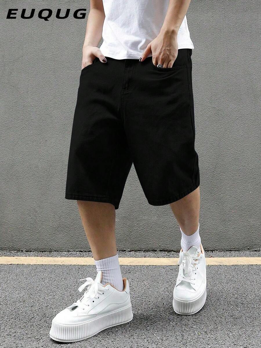 男士夏季休闲黑色斜口袋牛仔百慕大短裤，美式街头风格百搭及膝牛仔短裤