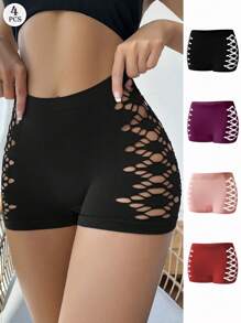 Set de 4 piezas de pantis lisos y sin costuras para mujer, ropa interior cómoda y transpirable con cintura geométrica de malla hueca