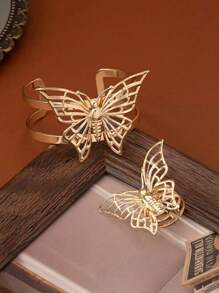 Fashionable High-End Hollow Butterfly Shaped Metal Bracelet And Ring Set, Suitable For Daily, Party, Holiday Wear - Yellow Gold - View 4