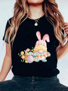 Easter Gnomes Shirt, Easter Gnomes Cute Bunny Shirt, Gnomes Easter Shirt, Bunny With Glasses Shirt, Easter Shirt,Easter Tee Print Crew Neck T-Shirt For Summer, Women's Soft Short Sleeve Top, Stylish Comfy Tee For Women Graphic Tees - 黑色 - 查看 1