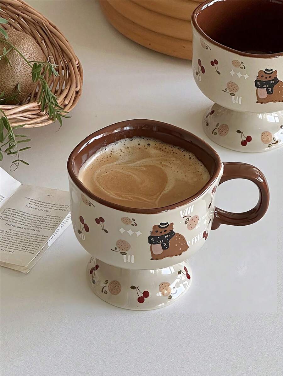 كوب قطة شتوي /خريفي للشفاء، كوب لاتيه خزفي مع رسم قطة وشجرة صنوبر، كوب طويل بلون كراميل للقهوة والحلويات - متعدد الألوان - مشاهدة 1