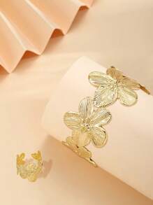 Set de 2 piezas de elegantes anillos anchos y gruesos con flores y pulseras de oro, adecuados para banquetes de señoras, fiestas y regalos festivos - Amarillo Oro - Ver 2