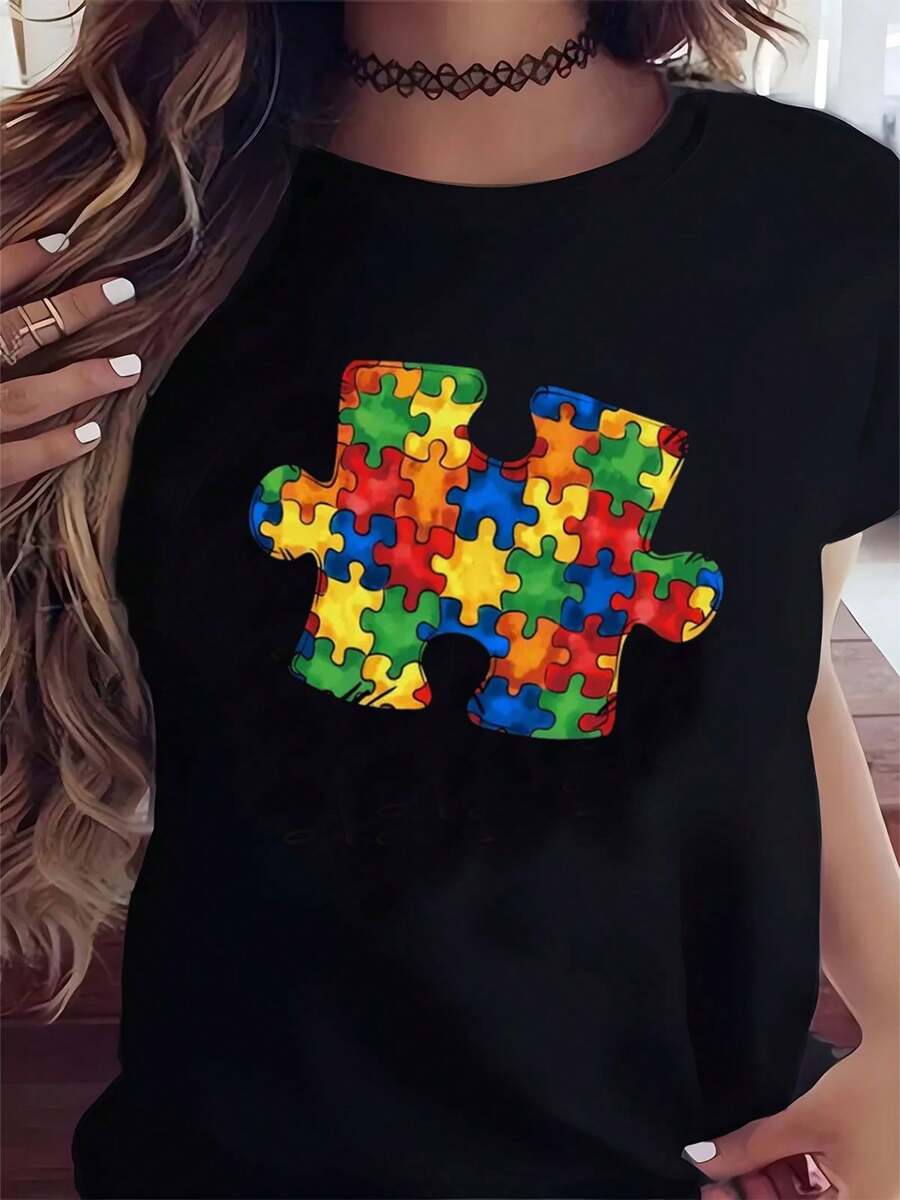 Vibrant Puzzle Graphic Print T-Shirt Casual Shirt Cotton Crew Neck Top