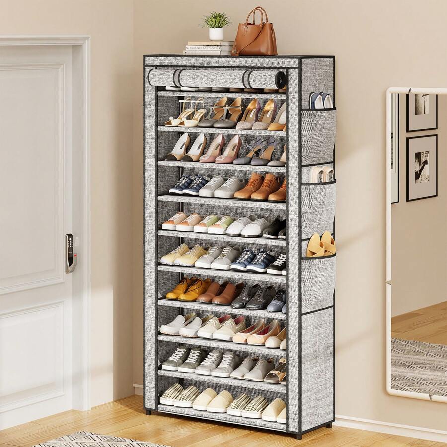 Superlele 10 Tier Shoe Rack, Grey/Black Shoe Cabinet, Large Capacity 50-56Pairs Beautiful Tall Shoe Shelf Free Standing Storage Cabinet Entryway Closet, Dustproof Floor Standing Storage Cabinet With Easy Assembly, For Bedrooms And Dormitories