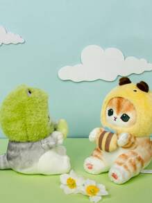 Juguete de peluche de gato, 2 en 1 de rana/abeja/fresa suave en disfraz de animal, muñeca de gatito de dibujos animados para niños - Verde - Ver 2