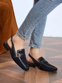 2025年秋季女士时尚露趾穆勒平底鞋，低跟绒面革，黑色，春夏 - 黑色 - 查看 4