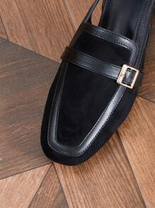 2025年秋季女士时尚露趾穆勒平底鞋，低跟绒面革，黑色，春夏 - 黑色 - 查看 3