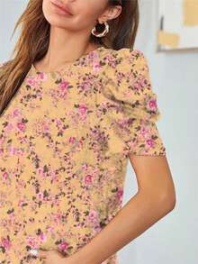 Round Neck Buttoned Puff Sleeve Short Sleeve Shirt Top - Yellow - View 3