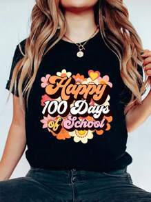 Groovy 100 Days Of School Teacher Retro Happy 100th Day T-Shirt Print Crew Neck T-Shirt For Summer, Women's Soft Short Sleeve Top, Stylish Comfy Tee For Women Graphic Tees