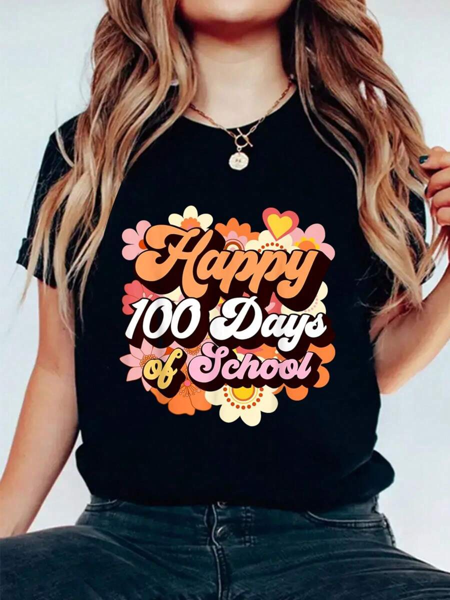 Groovy 100 Days Of School Teacher Retro Happy 100th Day T-Shirt Print Crew Neck T-Shirt For Summer, Women's Soft Short Sleeve Top, Stylish Comfy Tee For Women Graphic Tees