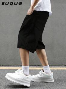 男士夏季休闲黑色斜口袋牛仔百慕大短裤，美式街头风格百搭及膝牛仔短裤