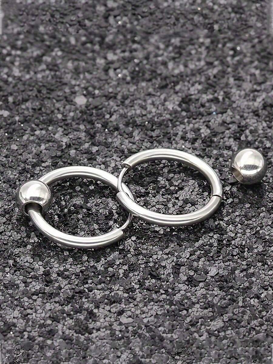 2 szt. męskie kolczyki ze stali nierdzewnej, okrągłe koraliki w stylu hip-hopowym i okrągłe kolczyki w kształcie pierścienia - Wielokolorowe - Zobacz 1