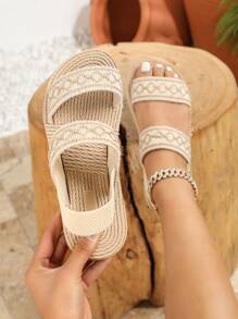 Women's Four Seasons French Fashion Simple Fairy Style Sweet And Lovely Suitable For Matching Dresses Seaside Vacation Dating Beige Women's Flat Sandals, Court Style Exotic Classical Gorgeous Comfortable Lightweight Breathable White Sandals - Beige - View 3