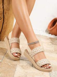 Women's Four Seasons French Fashion Simple Fairy Style Sweet And Lovely Suitable For Matching Dresses Seaside Vacation Dating Beige Women's Flat Sandals, Court Style Exotic Classical Gorgeous Comfortable Lightweight Breathable White Sandals - Beige - View 1