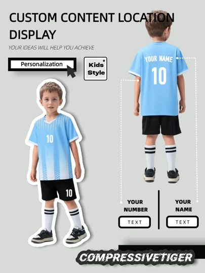 2pcs Boy's Personalized Soccer Jersey - Customizable Name And Number Print Stripe Decor Short Sleeve T-Shirt + Shorts Co-Ord Quick-Drying Sweat-Absorbing Sports Set As Gift