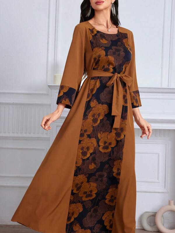 Novo Kaftan de gola redonda com mangas compridas e padrão de emenda de cor sólida cetim A-Line floral estampa retrô com cinto vestido para mulheres