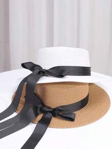 Chapeau de paille avec un nœud papillon à longues bandelettes pour femmes, chapeau de soleil à large bord pour l'été, style mode, casual, élégant et rétro bohème, protection UV, en polyester, convient pour le printemps et l'été