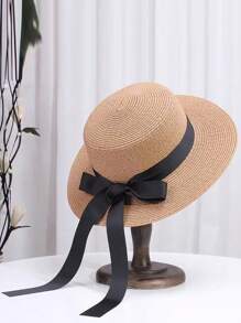 Chapeau de paille avec un nœud papillon à longues bandelettes pour femmes, chapeau de soleil à large bord pour l'été, style mode, casual, élégant et rétro bohème, protection UV, en polyester, convient pour le printemps et l'été