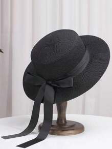 Chapeau de paille avec un nœud papillon à longues bandelettes pour femmes, chapeau de soleil à large bord pour l'été, style mode, casual, élégant et rétro bohème, protection UV, en polyester, convient pour le printemps et l'été