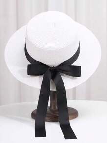 Chapeau de paille avec un nœud papillon à longues bandelettes pour femmes, chapeau de soleil à large bord pour l'été, style mode, casual, élégant et rétro bohème, protection UV, en polyester, convient pour le printemps et l'été