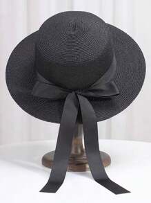Chapeau de paille avec un nœud papillon à longues bandelettes pour femmes, chapeau de soleil à large bord pour l'été, style mode, casual, élégant et rétro bohème, protection UV, en polyester, convient pour le printemps et l'été