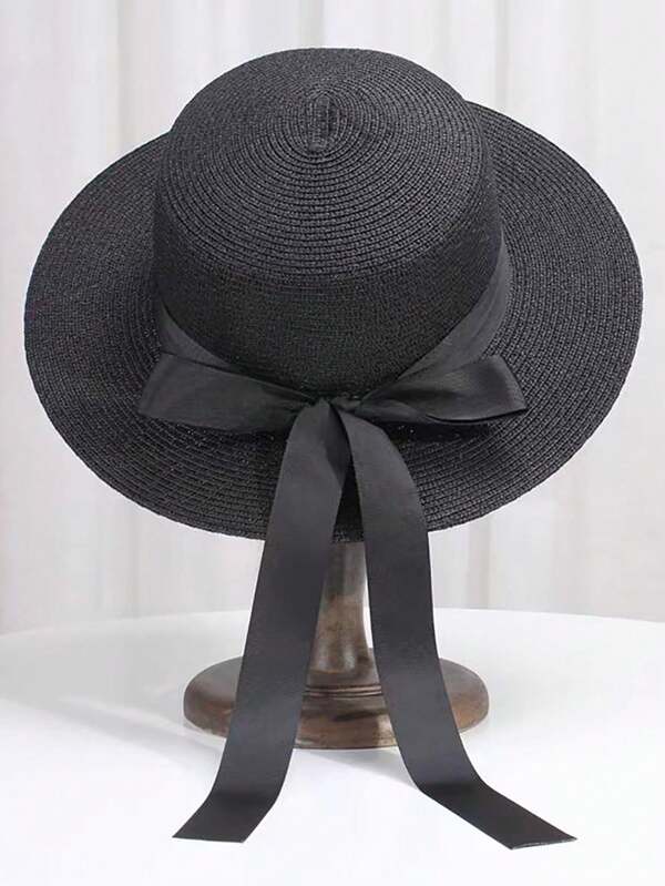 Chapeau de paille avec un nœud papillon à longues bandelettes pour femmes, chapeau de soleil à large bord pour l'été, style mode, casual, élégant et rétro bohème, protection UV, en polyester, convient pour le printemps et l'été