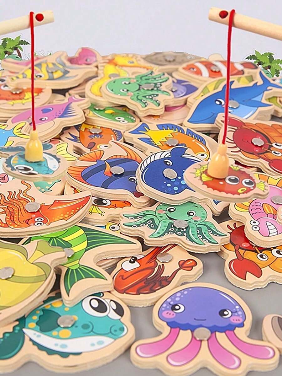 Magnetic Ocean Fishing Game - Interactive Wooden Tabletop Toy For Youngsters, Enhances Hand-Eye Coordination & Focus, Creative Gift Idea