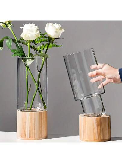 1pc Nordic Acrylic Flower Vase Wooden Base Perfect Home Bloemen Arrangements Back To School Room Supplies Glass