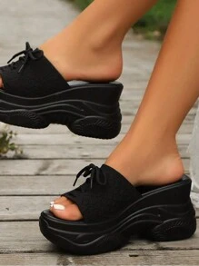 Damskie wielokolorowe włóczkowe retro sznurowane letnie sandały, sportowe klapki na platformie z grubą podeszwą