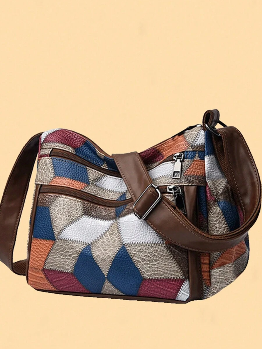 新款多功能中年女性手提包、妈妈包、婆婆包，柔软皮革质感单肩斜挎包 - 卡其色 - 查看 1