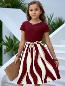 Girls Casual Round Neck Stripe Short Sleeve Dress, Versatile For Toddler & Tween Girl
