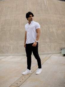 Men's Summer Formal Shirt Short Sleeve Priest Collar Slim Fit Premium - 白色 - 查看 7