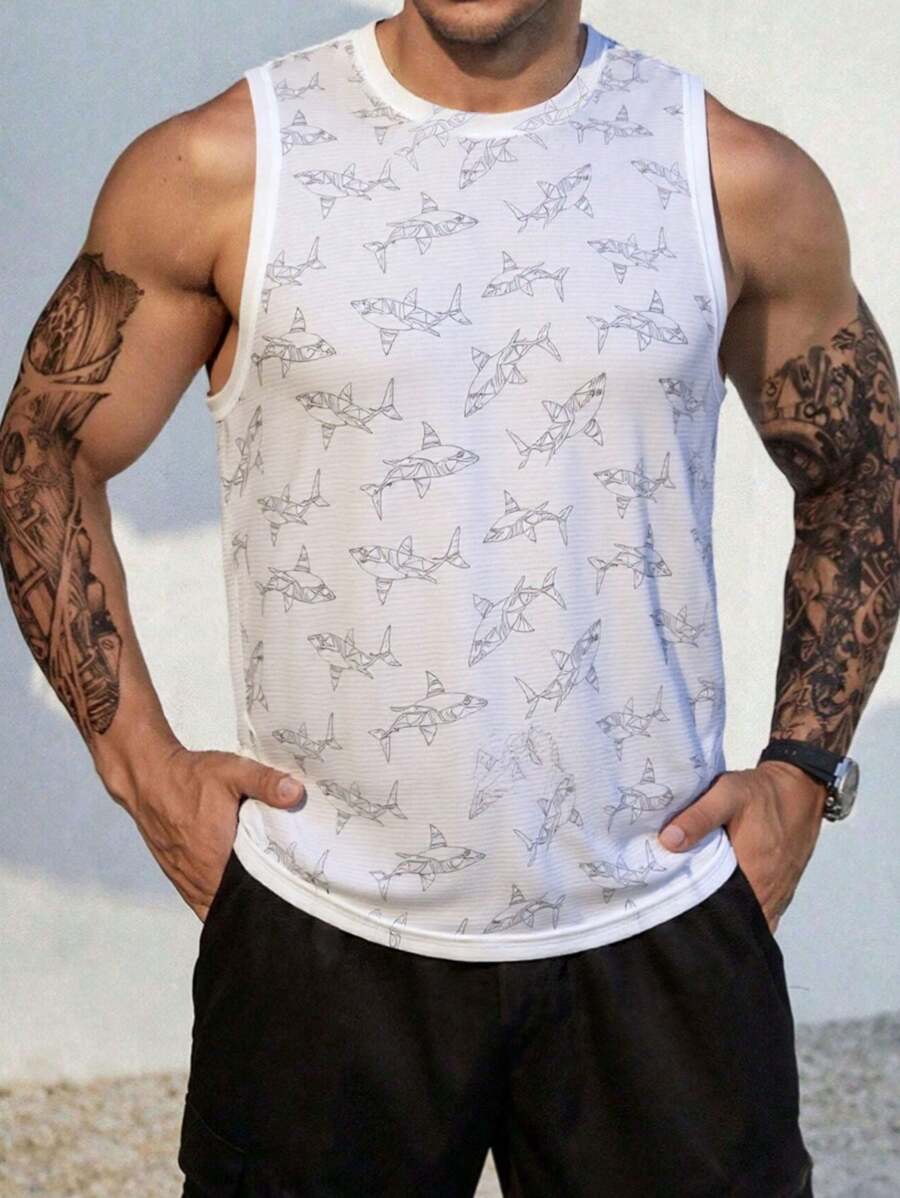 1 Stück Herren Weißes bedrucktes Fitness-Top für Gym, Workout, Laufen - Weiss - Übersicht 1