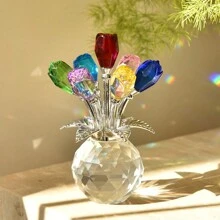 1 Piece Handmade Crystal Red Rose Flower Figurine With Round Vase, Romantic Rose Gifts For Women On Valentine's Day Mother's Day Birthday, Rose Collectible Figurines For Home Party Wedding Decorations Graduation