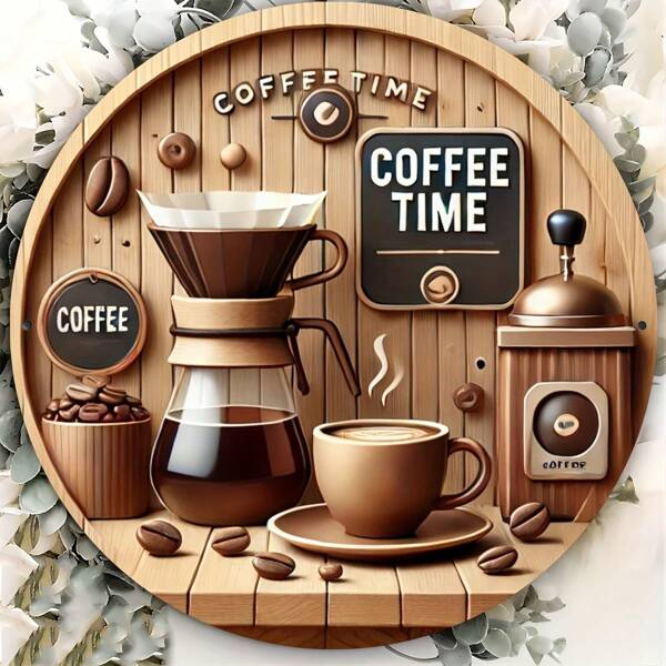Coffee Time 8-Inch Round Metal Wall Art Sign - Weather-Resistant, No Electricity Required, Easy To Hang For Home, Office, Bar - Classic American Style, Multipurpose Indoor & Outdoor Decor,Home Decor ,Room Decor,Wall Decor Gifts Birthday Graduation