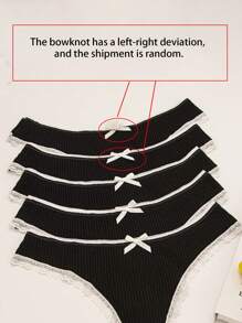 5pcs Women Black Ribbed Cute Bow Sexy Lace Trim Thong Panties - Black - View 10