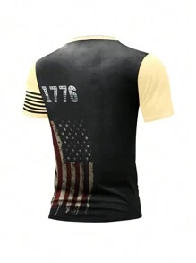 Independence Day 3D Camel Men's Casual Henry Shirt, Men's Vintage Collarless Button Short Sleeves, Flag 3D Print Casual Top - 黑色 - 查看 2