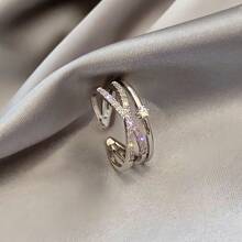 Eleganter Sterling Silber Damen Manschettenring, verstellbares offenes Kreuz-Band mit synthetischem kubischen Zirkonia, Resort-Stil Urlaubsgeschenk, platiniert, perfekt für den täglichen Gebrauch, Feiertage, Valentinstag - passend für alle Jahreszeiten