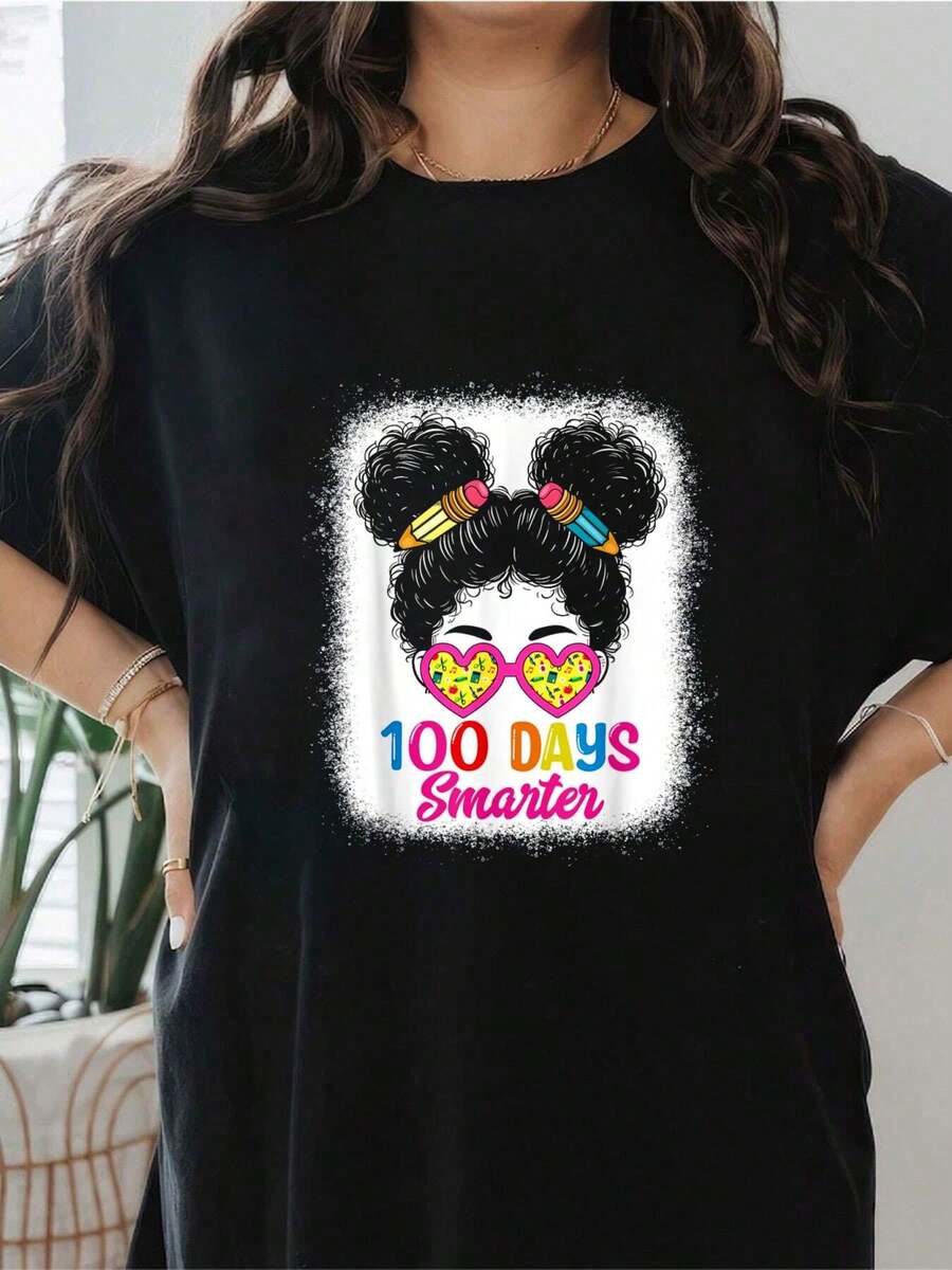 100 Days Messy Bun Girls Student 100th Day Of School T-Shirt Cute Print Women T Shirt, Short Sleeve Round Neck Casual Top For Summer Spring, Women's Clothing - 黑色 - 查看 1