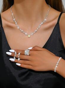 1 Set Fashion Jewelry Including Necklace, Earrings, Bracelet, Elastic Ring, Suitable For Women's Daily Wear