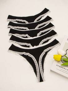 5pcs Women Black Ribbed Cute Bow Sexy Lace Trim Thong Panties - Black - View 3