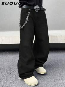 Calça Denim Retrô Preta Lavada Larga e Folgada no Estilo Y2K Vintage para Homens, Perna Reta Folgada, Presente Perfeito para Marido, Namorado