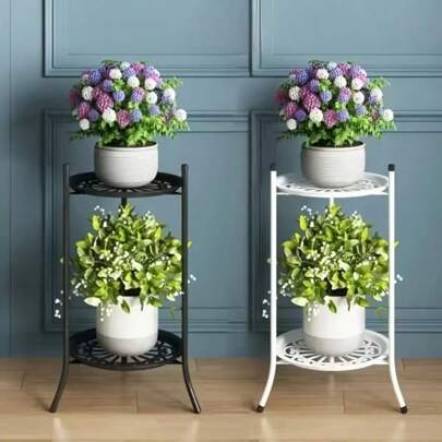 Double Layer Plant Stand With Geometric Metal Hanging Flower Pots - Casual Round Lightweight Home Decor Accessories - Indoor Outdoor Metal Planter Rack Display Stand