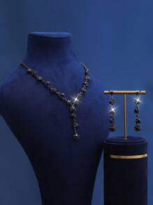 3 pièces/set de colliers, boucles d'oreilles et bracelets à la mode avec cristaux noirs et strass, convenant pour les occasions quotidiennes, de mariage romantique ou d'Halloween