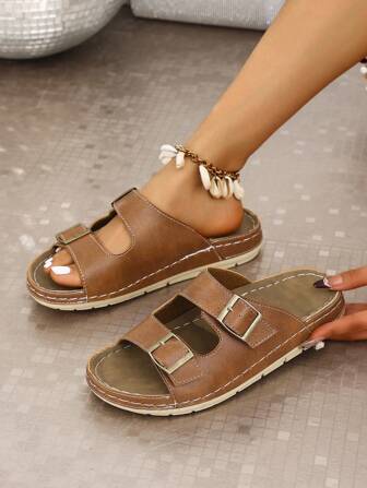 IH2 大码女式纯色钩环厚底软底摇摆线凉鞋，休闲百搭舒适运动平底凉鞋，夏季