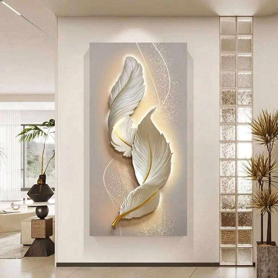 1pc Modern Minimalist Abstract Feather Canvas Art Print, Beige Neon Line Wall Poster Decor, Frameless Home Gift