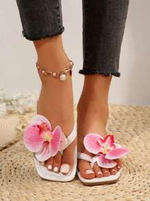 全新花卉沙滩鞋女士平底加大码凉鞋，户外休闲黑色女式拖鞋 - 白色 - 查看 5