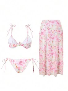 Allurini 3pcs/Set Women's Floral Print Bikini Set With Mesh Cover Up Skirt, Vacation Style Swimwear, For Summer Beach - Multicolor - View 2