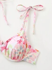 Allurini 3pcs/Set Women's Floral Print Bikini Set With Mesh Cover Up Skirt, Vacation Style Swimwear, For Summer Beach - Multicolor - View 6