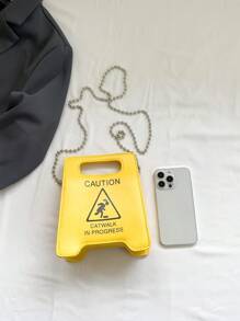 New Cartoon Warning Sign Handbag, Chain Letter Bag, Cosmetic Bag, Accessory Bag, Fashion Casual Minimalist Street Shoulder Crossbody Bag, Fashionable Butter Yellow Bag For Women